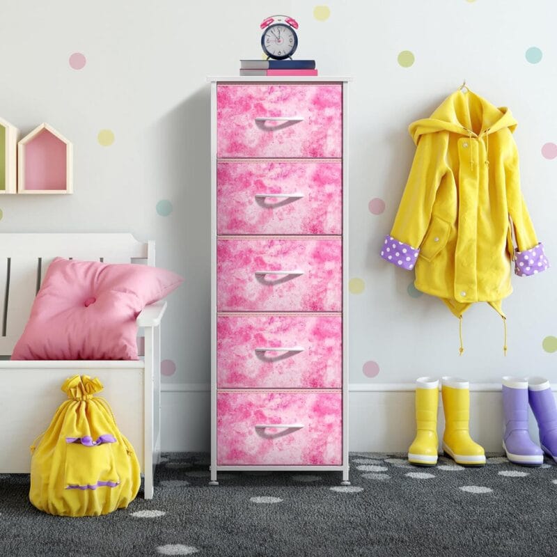 Sorbus Fabric Dresser for Kids Bedroom - Chest of 5 Drawers, Tall Storage Tower, Clothing Organizer, for Closet, for Playroom, for Nursery, Steel Frame, Fabric Bins - Wood Handle (Tie-dye Pink) - Image 6