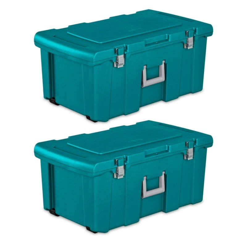 Sterilite Footlocker Stackable Latching Storage Bin w/ Wheels, 2 Pack, Teal