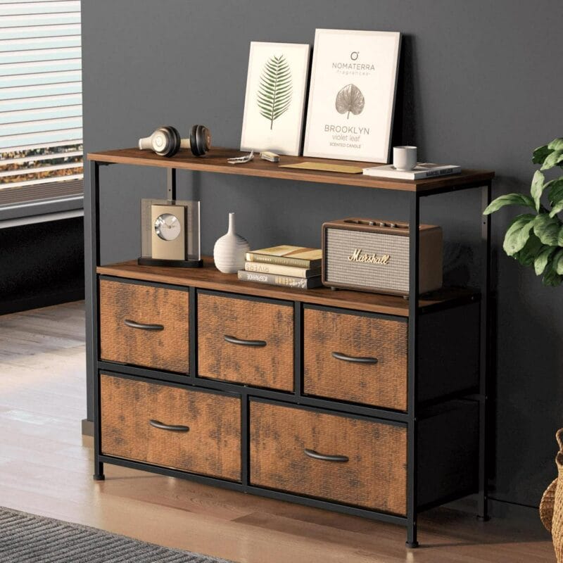 TV Stand, Entertainment Center Dresser with 5 Fabric Drawers with Open Storage Shelf for Bedroom Living Room Hallway, Rustic Brown