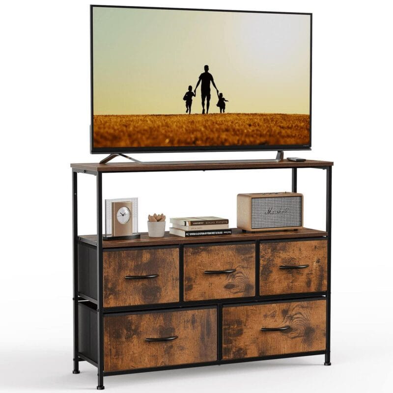 TV Stand, Entertainment Center Dresser with 5 Fabric Drawers with Open Storage Shelf for Bedroom Living Room Hallway, Rustic Brown - Image 6