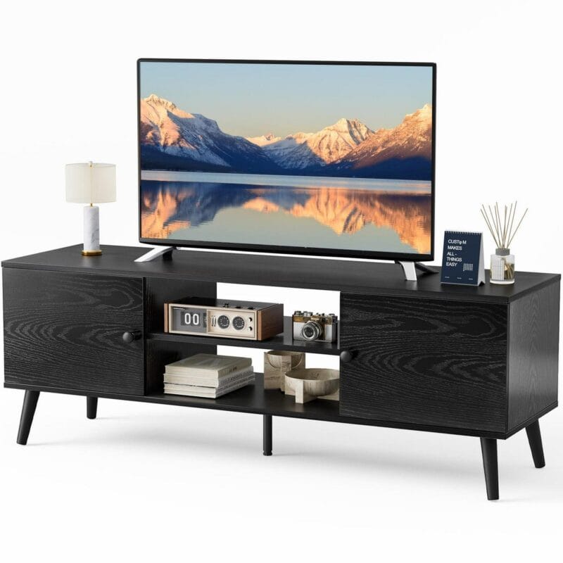 TV Stand Wide TV Entertainment Center Storage Cabinets for TV up to 65-inch Mid Century Modern TV Console for Living Room, Black - Image 7