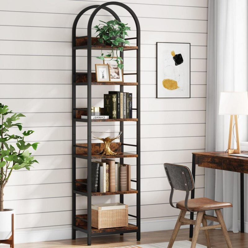 Tribesigns 6-Tier Open Bookshelf, 78.7  Tall Arched Bookcase Narrow Bookshelf, Rustic Brown