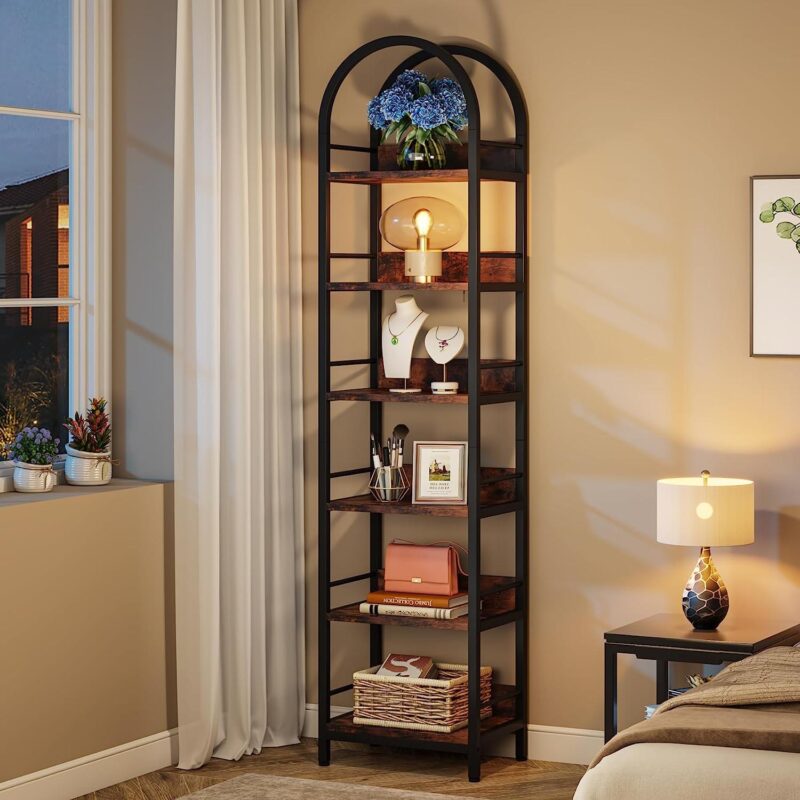 Tribesigns 6-Tier Open Bookshelf, 78.7  Tall Arched Bookcase Narrow Bookshelf, Rustic Brown - Image 3