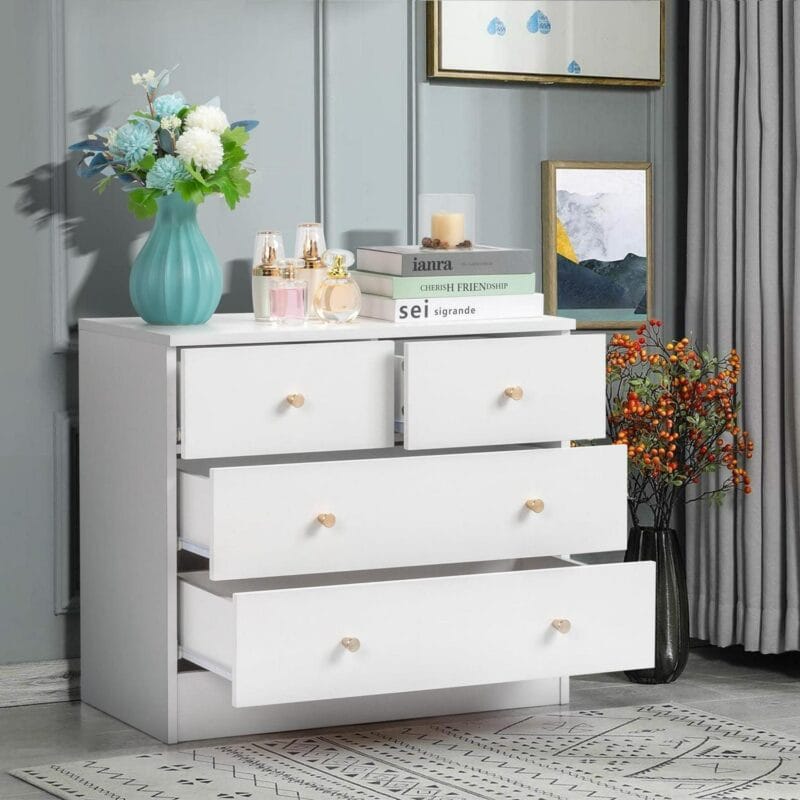 UBesGoo Modern Wood 4-Drawer Dresser Chest Bedside Table for Bedroom,Living Room,White - Image 6