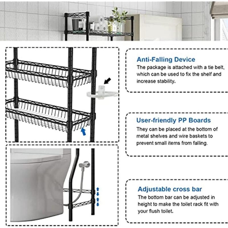 Untyo 3 Tier Over the Toilet Storage Rack Bathroom Storage Shelf Space Saver Stand Above Toilet Wire Shelves Sturdy Metal Bathroom Organizer Shelf with Adjustable Shelves and Baskets - Image 3