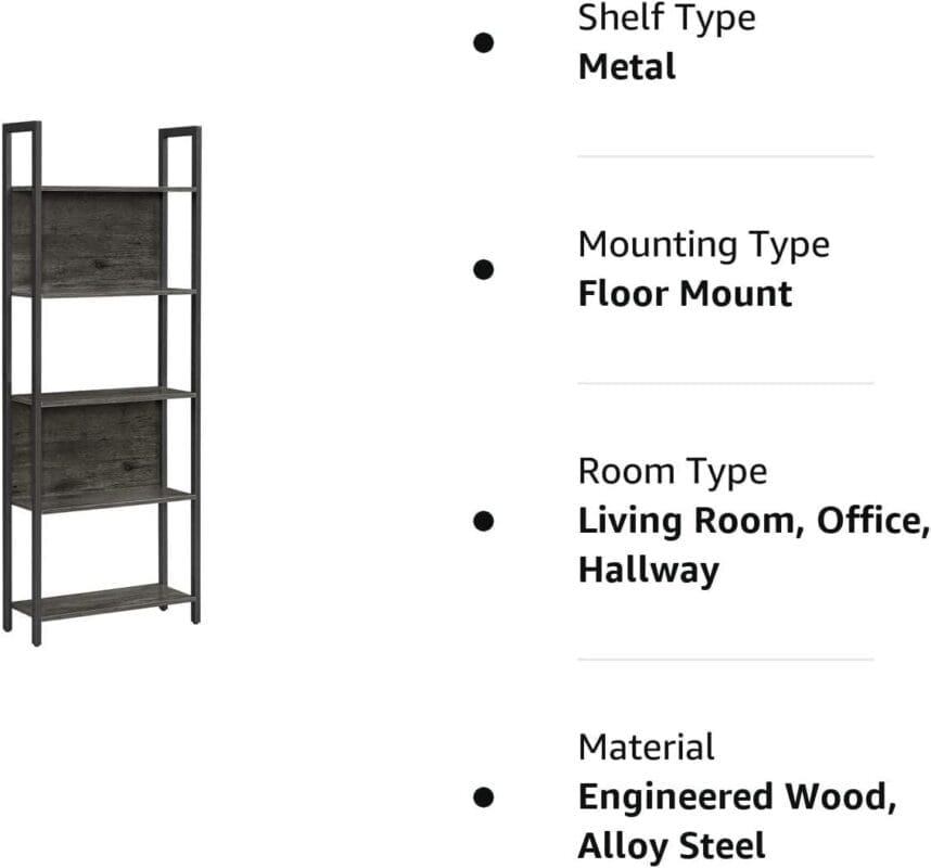 VASAGLE 5-Tier Bookcase Storage Shelf Ladder Bookshelf Industrial Furniture for Living Room Entryway Office Charcoal Gray and Black - Image 7