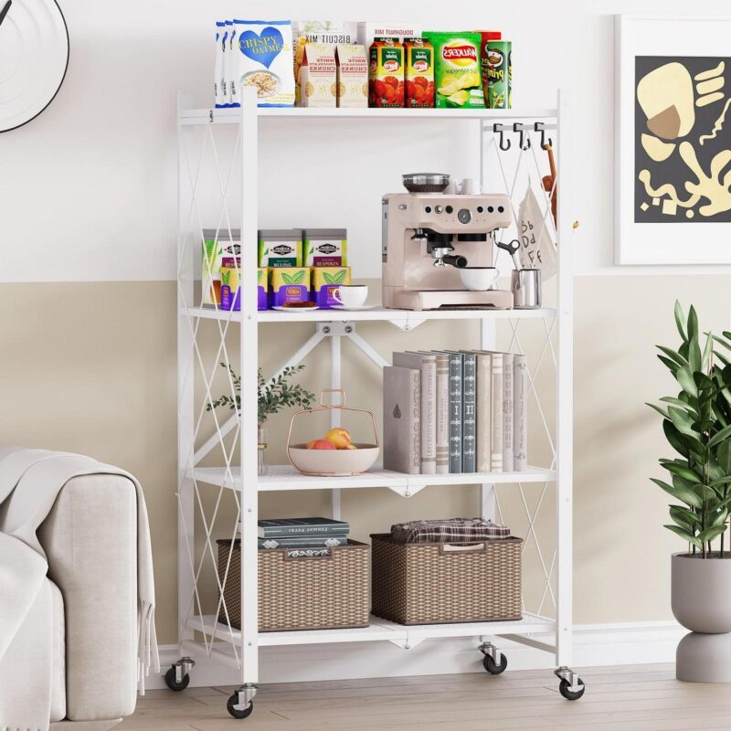 Vebreda 4-Tier Folding Storage Shelves Metal Folding Shelves with Wheels, 600Lbs Capacity, White - Image 6