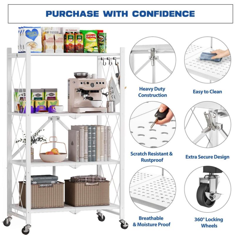 Vebreda 4-Tier Folding Storage Shelves Metal Folding Shelves with Wheels, 600Lbs Capacity, White - Image 3