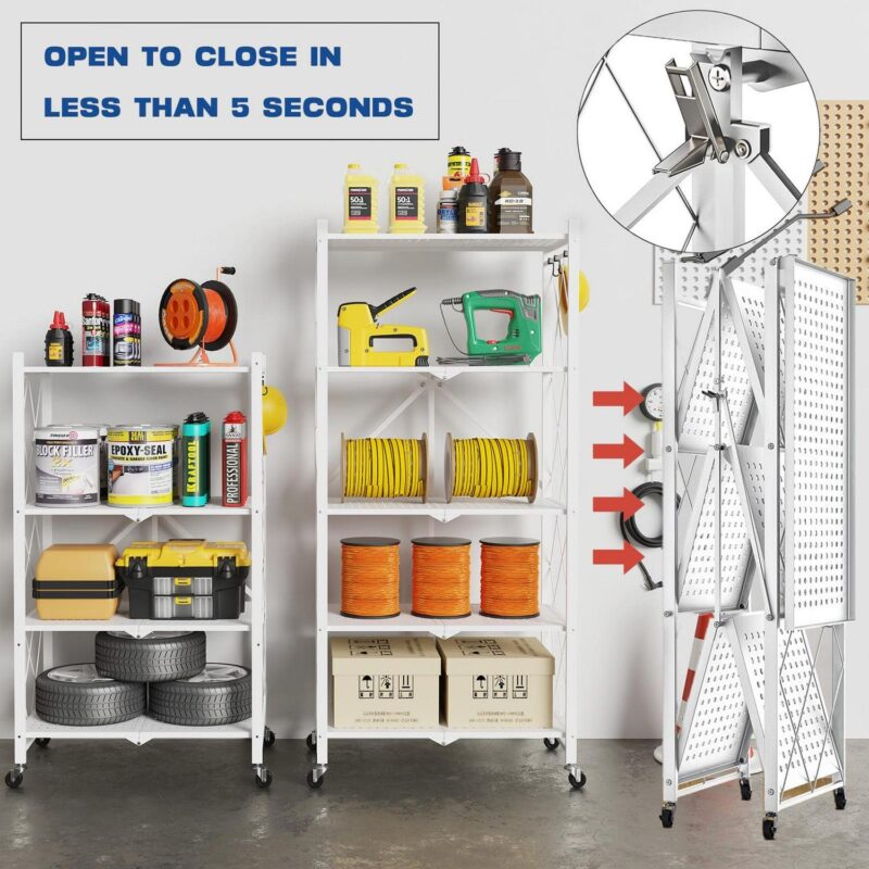 Vebreda 4-Tier Folding Storage Shelves Metal Folding Shelves with Wheels, 600Lbs Capacity, White - Image 4
