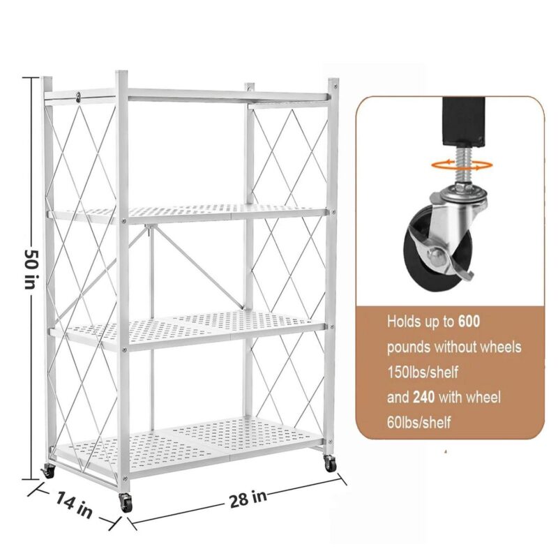 Vebreda 4-Tier Folding Storage Shelves Metal Folding Shelves with Wheels, 600Lbs Capacity, White - Image 5