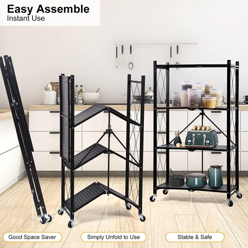 Vebreda 4-Tier Storage Shelf Foldable Metal Shelving Units with Wheels, Black - Image 4