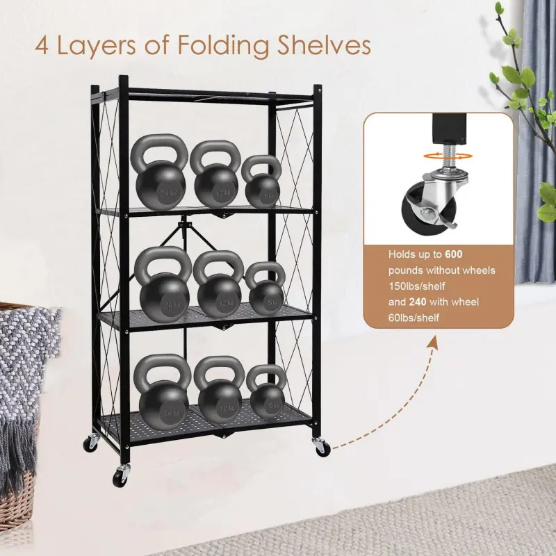 Vebreda 4-Tier Storage Shelf Foldable Metal Shelving Units with Wheels, Black - Image 6