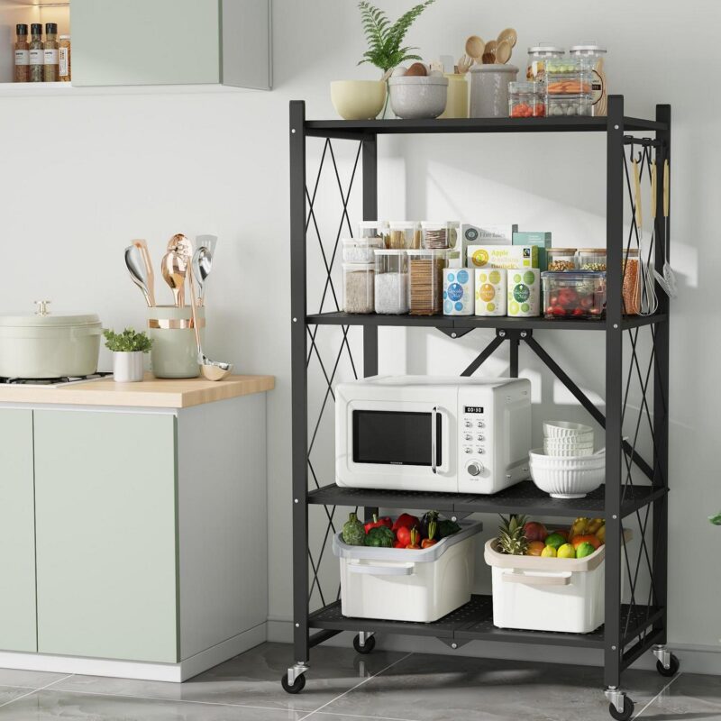 Vebreda 4-Tier Storage Shelf Foldable Metal Shelving Units with Wheels, Black - Image 5