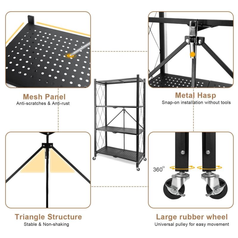 Vebreda 4-Tier Storage Shelf Foldable Metal Shelving Units with Wheels, Black - Image 3