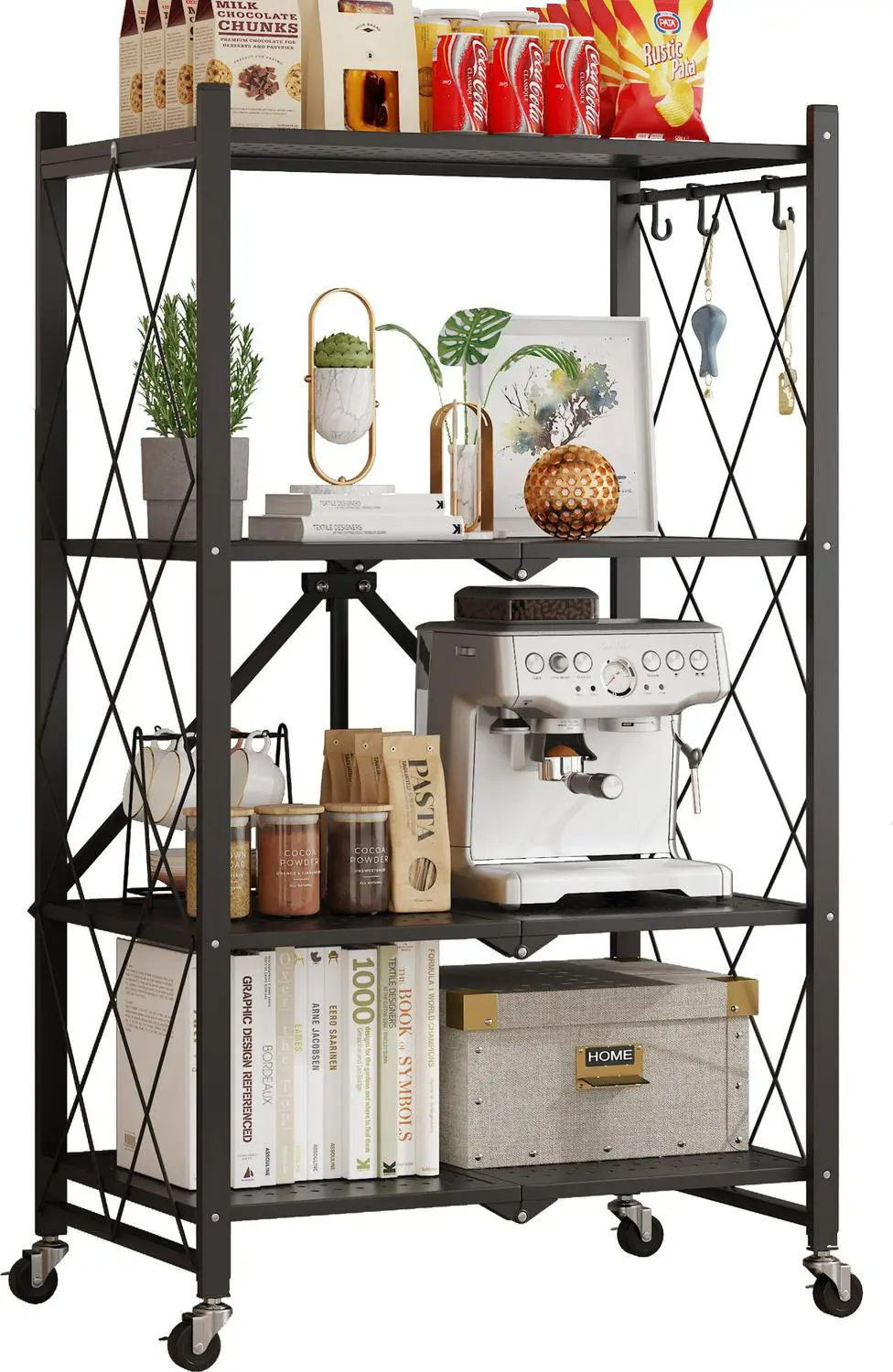 Vebreda 4-Tier Storage Shelf Foldable Metal Shelving Units with Wheels, Black