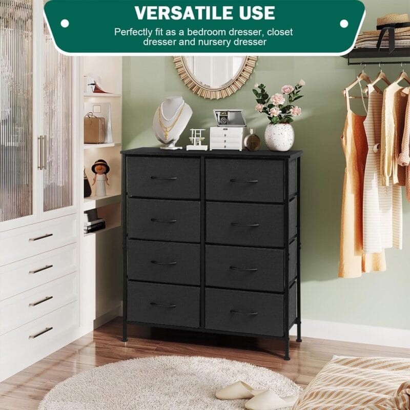 Vesteel 8 Drawers Dresser for Bedroom, Double Dresser Tall Storage Tower with Fabric Bins, Chest of Drawers for Closet, Living Room, Hallway, Black - Image 7