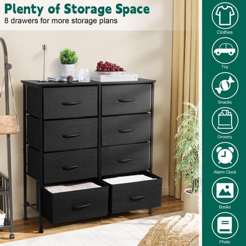 Vesteel 8 Drawers Dresser for Bedroom, Double Dresser Tall Storage Tower with Fabric Bins, Chest of Drawers for Closet, Living Room, Hallway, Black - Image 6
