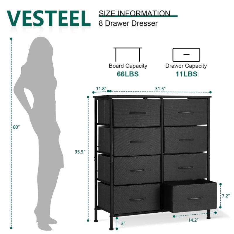 Vesteel 8 Drawers Dresser for Bedroom, Double Dresser Tall Storage Tower with Fabric Bins, Chest of Drawers for Closet, Living Room, Hallway, Black - Image 2