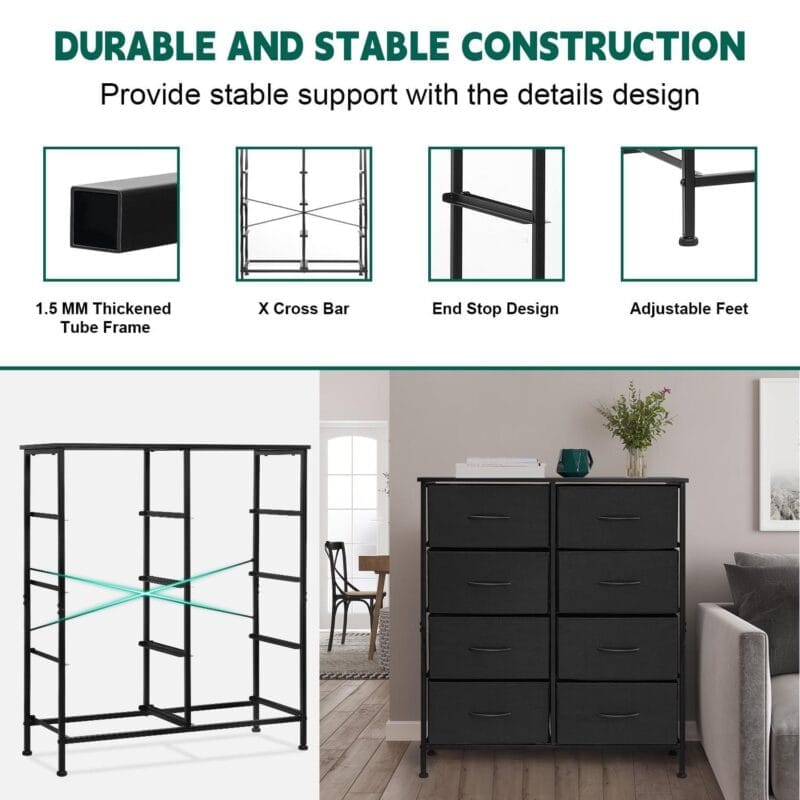 Vesteel 8 Drawers Dresser for Bedroom, Double Dresser Tall Storage Tower with Fabric Bins, Chest of Drawers for Closet, Living Room, Hallway, Black - Image 5