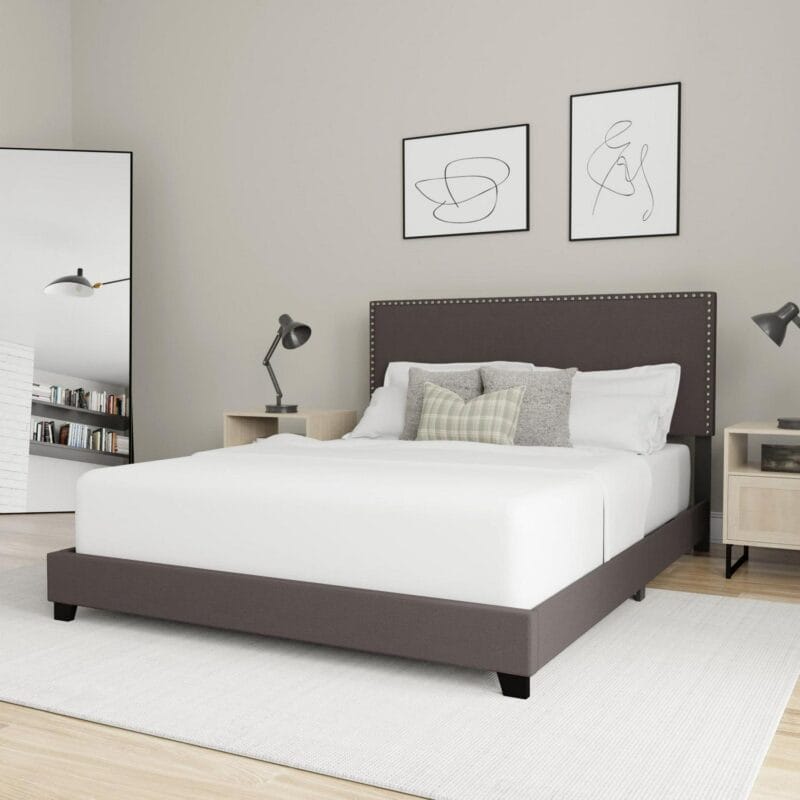 Willow Nailhead Trim Upholstered Queen Bed, Charcoal Fabric - Image 5