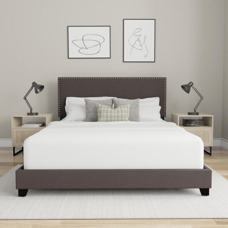 Willow Nailhead Trim Upholstered Queen Bed, Charcoal Fabric - Image 3