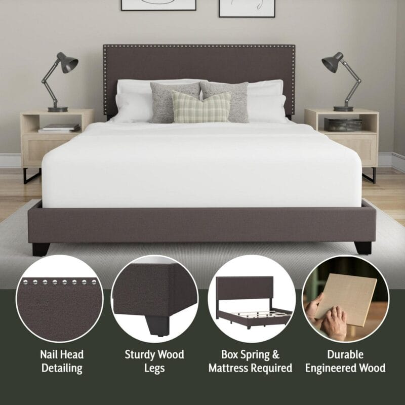 Willow Nailhead Trim Upholstered Queen Bed, Charcoal Fabric - Image 6