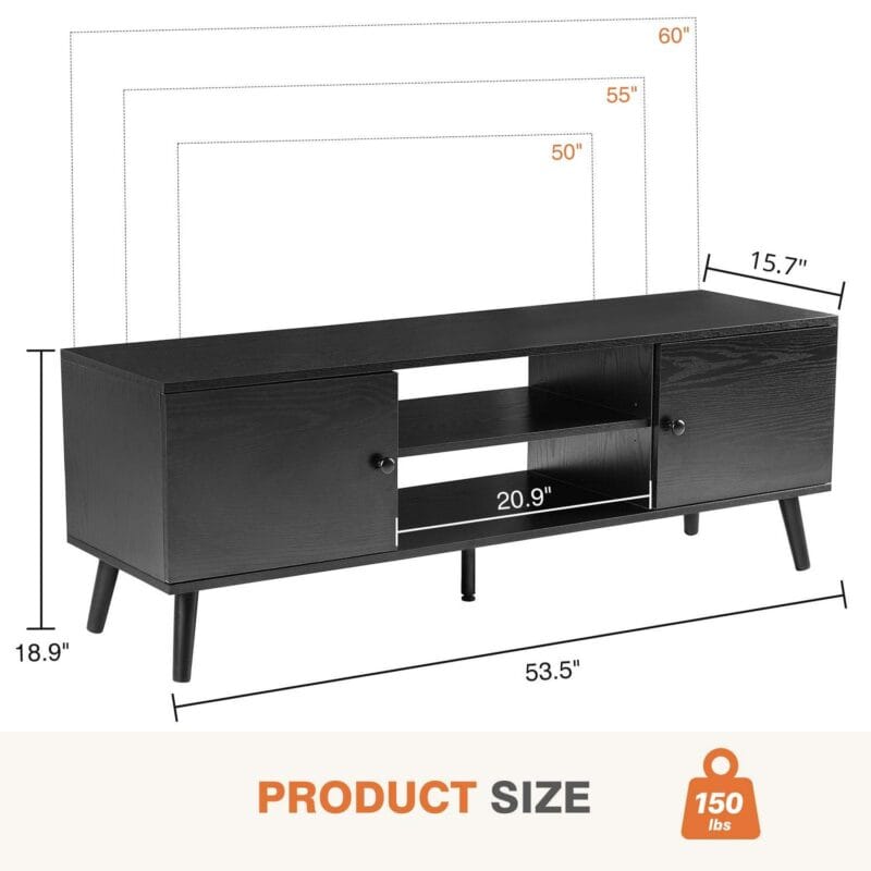 Yangming 55 60-Inch TV Stand, Entertainment Center, Mid-Century Modern TV Media Console, Ample Storage Cabinet, Adjustable Wooden TV Table for Living Room or Bedroom, Black - Image 4