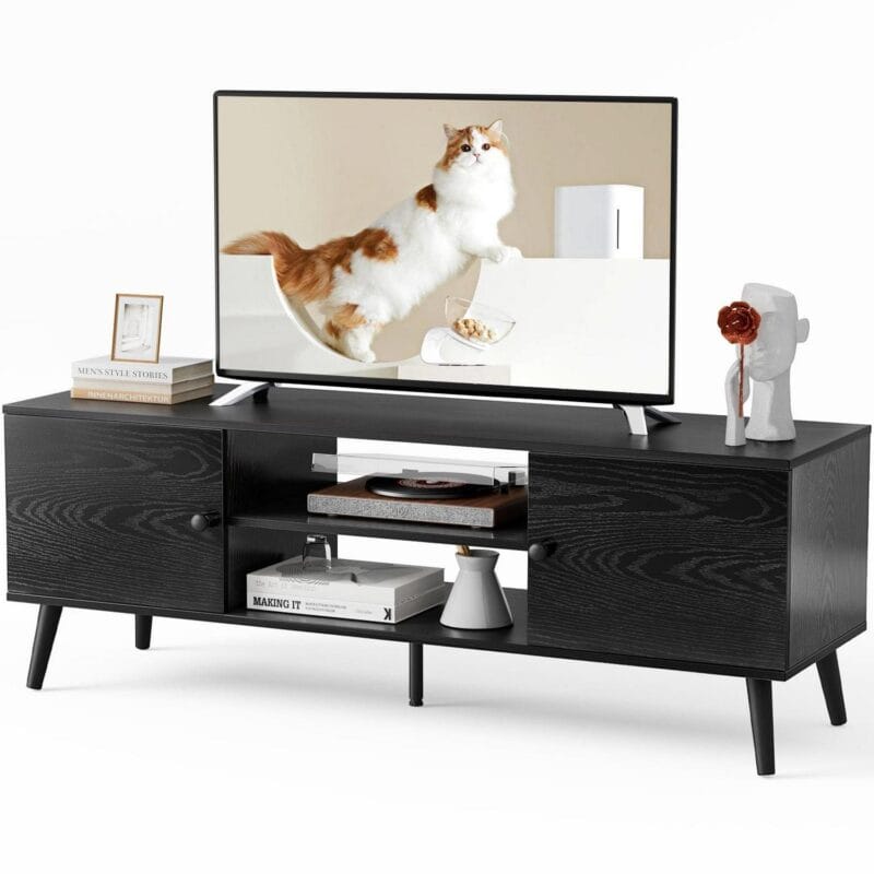 Yangming 55 60-Inch TV Stand, Entertainment Center, Mid-Century Modern TV Media Console, Ample Storage Cabinet, Adjustable Wooden TV Table for Living Room or Bedroom, Black