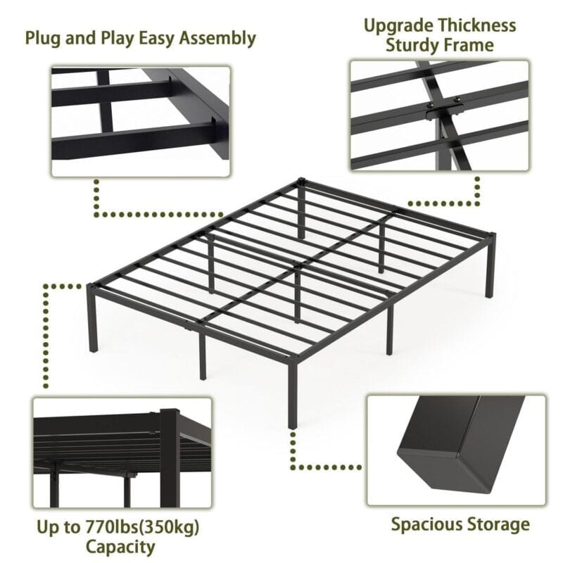 Yoneston 16 Inch Queen Metal Platform Bed Frame Reinforce Heavy Duty No Box Spring Mattress Foundation High Bed Frame with Under-Bed Storage for Adults Child - Image 5