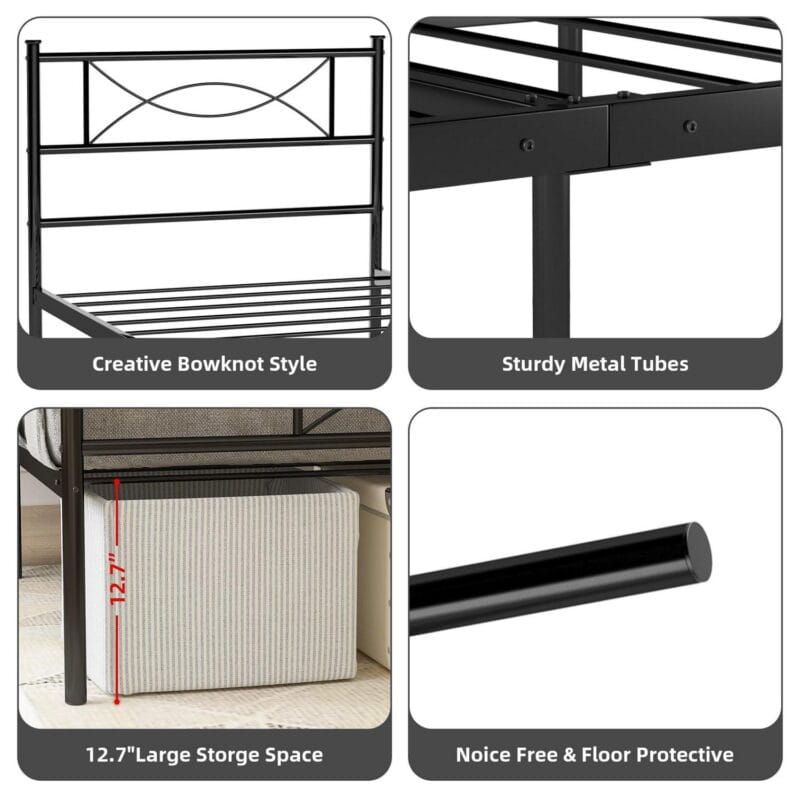 Yoneston Kids Twin Size Metal Platform Bed with Bowknot Headboards Easy Assembly (Mattress Not Included), Black - Image 7