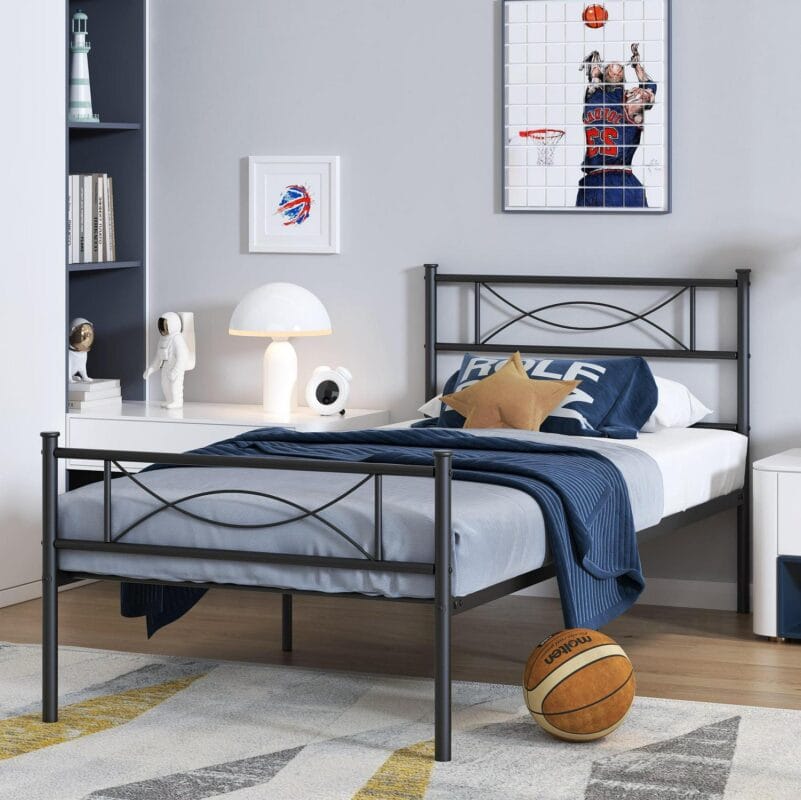 Yoneston Kids Twin Size Metal Platform Bed with Bowknot Headboards Easy Assembly (Mattress Not Included), Black - Image 2