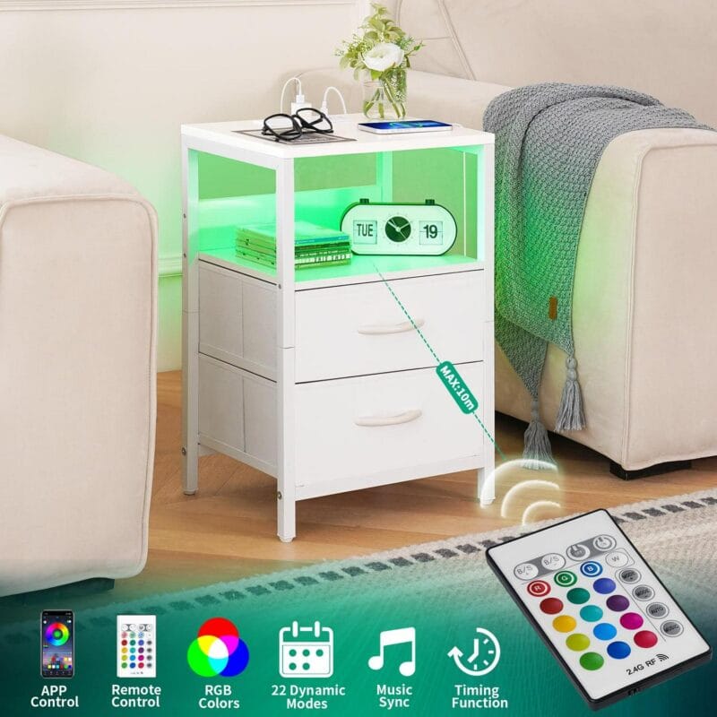 Yoobure Nightstand with Charging Station, LED Night Stand with Fabric Drawers and Storage Shelf for Bedroom, Small Nightstands Bedside Tables with USB Ports and Outlets,White - Image 8