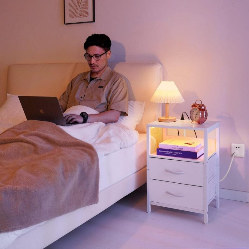 Yoobure Nightstand with Charging Station, LED Night Stand with Fabric Drawers and Storage Shelf for Bedroom, Small Nightstands Bedside Tables with USB Ports and Outlets,White - Image 2
