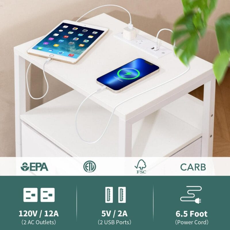 Yoobure Nightstand with Charging Station, LED Night Stand with Fabric Drawers and Storage Shelf for Bedroom, Small Nightstands Bedside Tables with USB Ports and Outlets,White - Image 3