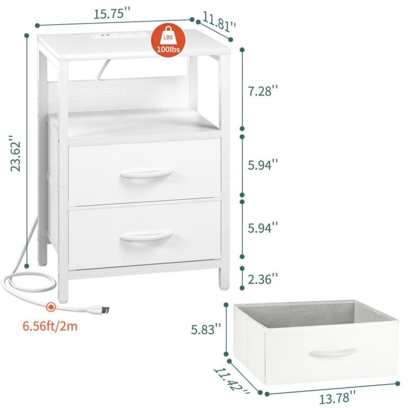 Yoobure Nightstand with Charging Station, LED Night Stand with Fabric Drawers and Storage Shelf for Bedroom, Small Nightstands Bedside Tables with USB Ports and Outlets,White - Image 6