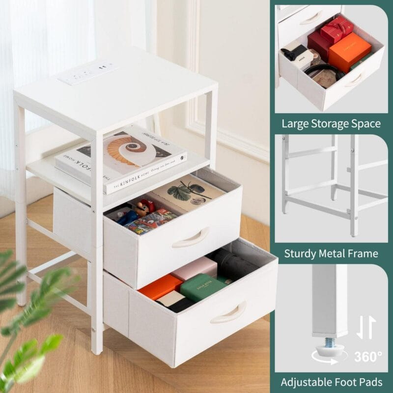 Yoobure Nightstand with Charging Station, LED Night Stand with Fabric Drawers and Storage Shelf for Bedroom, Small Nightstands Bedside Tables with USB Ports and Outlets,White - Image 7