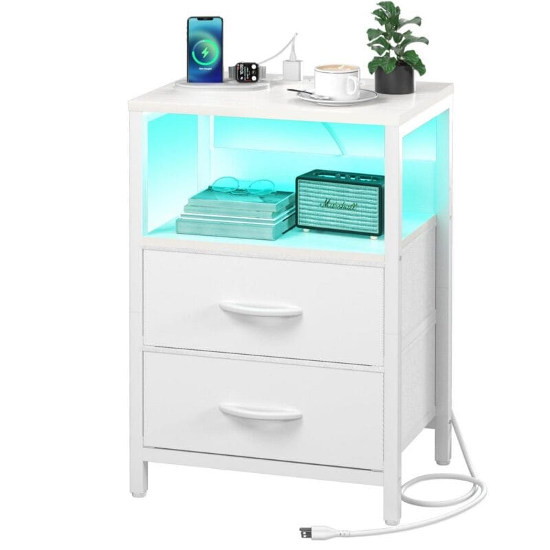 Yoobure Nightstand with Charging Station, LED Night Stand with Fabric Drawers and Storage Shelf for Bedroom, Small Nightstands Bedside Tables with USB Ports and Outlets,White