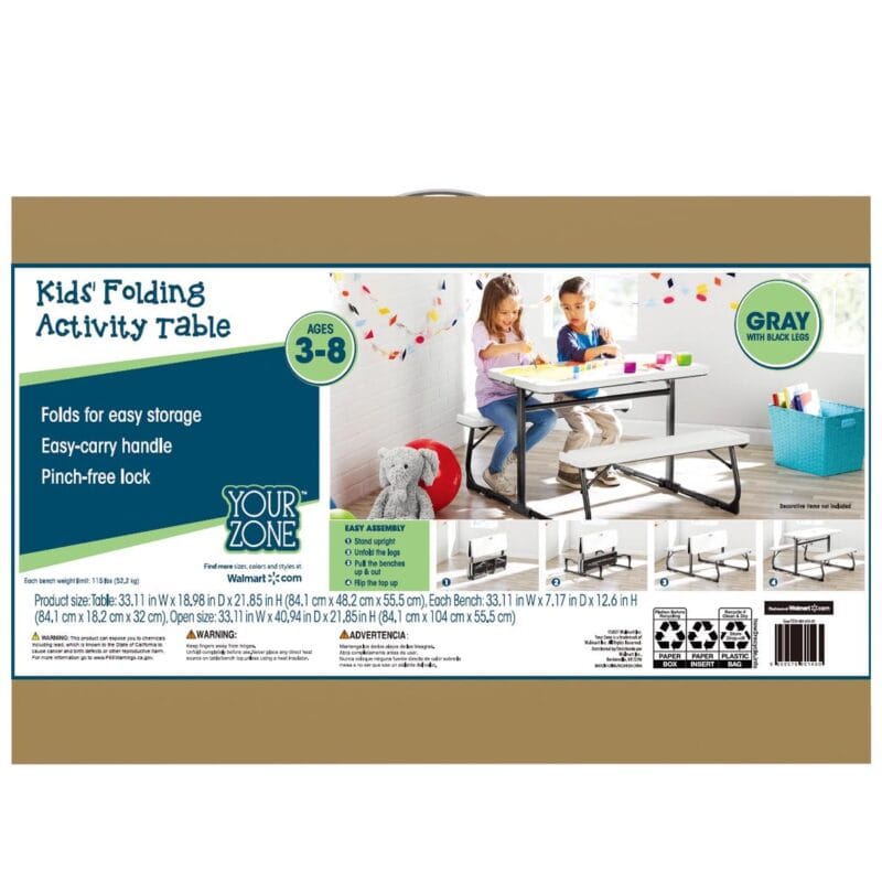 Your Zone Folding Kid's Picnic Activity Table for Ages 3-8, Gray - Image 8