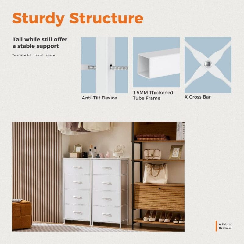 ZUNMOS 4 Drawer Dresser, Wide Chest Of Drawers Nightstand Storage Tower Storage Dresser Fabric Dresser With Wood Top for Living Room, Bedroom, Hallway, Nursery, White - Image 4