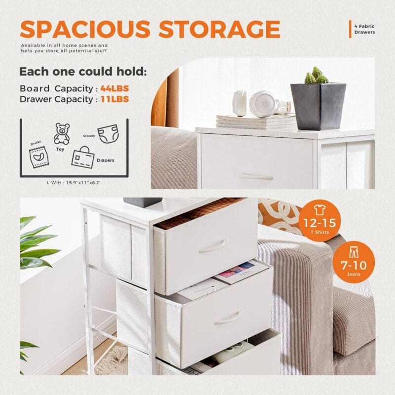ZUNMOS 4 Drawer Dresser, Wide Chest Of Drawers Nightstand Storage Tower Storage Dresser Fabric Dresser With Wood Top for Living Room, Bedroom, Hallway, Nursery, White - Image 6