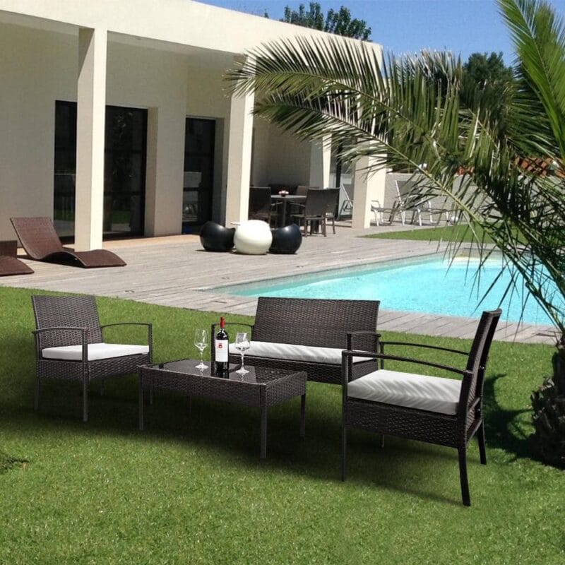 Zimtown PE Rattan 4PCS Conversation Sofa Set with Cushions for Patio Garden Yard Brown - Image 3