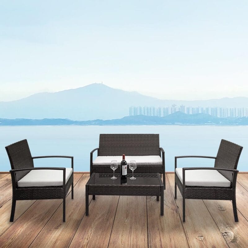 Zimtown PE Rattan 4PCS Conversation Sofa Set with Cushions for Patio Garden Yard Brown - Image 2