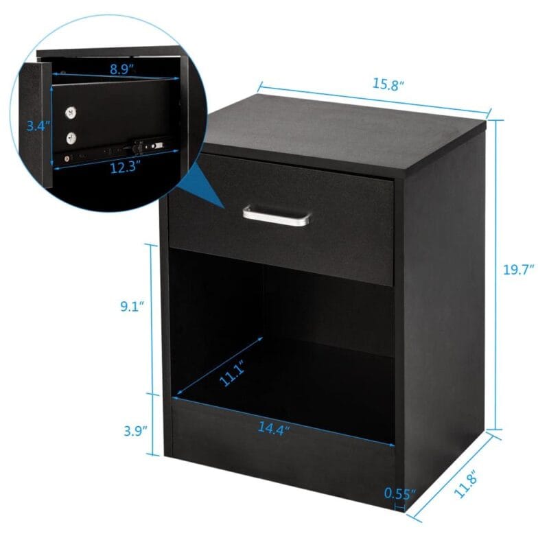 Zimtown Set of 2 Nightstand End Beside Table 1 Drawer Storage Organizer Room Furniture,Black - Image 5