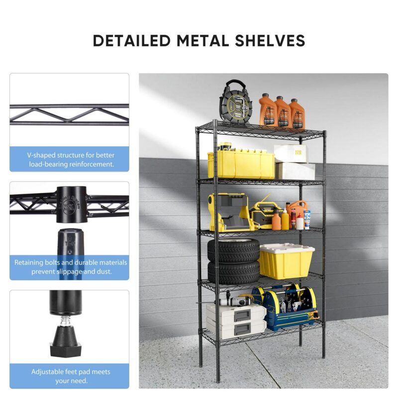 edx 5 Tier Metal Shelving Unit, Height Adjustable Wire Storage Shelves, Holds Up to 2000 LBS, Black - Image 5