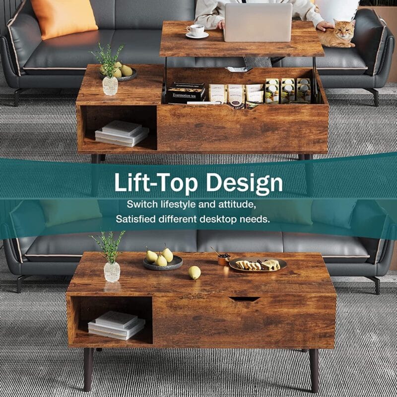 edx Adjustable Height Wooden Coffee Table with Hidden Compartments and Shelves - Perfect for Small Homes, Apartments, Reception Rooms, Rust Brown - Image 4