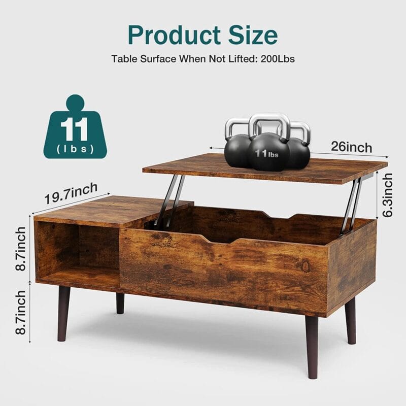 edx Adjustable Height Wooden Coffee Table with Hidden Compartments and Shelves - Perfect for Small Homes, Apartments, Reception Rooms, Rust Brown - Image 8