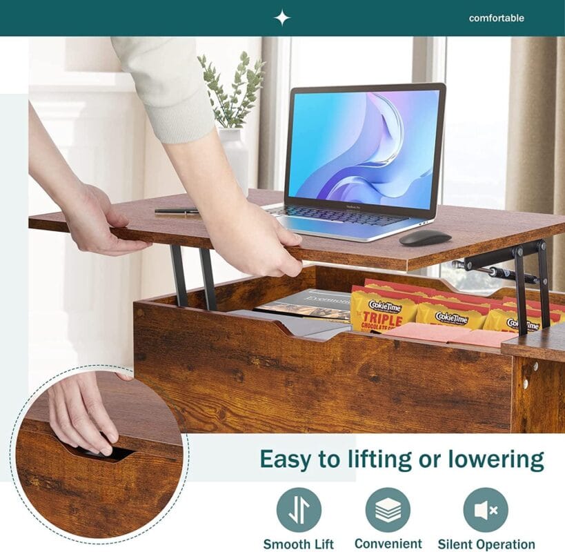 edx Adjustable Height Wooden Coffee Table with Hidden Compartments and Shelves - Perfect for Small Homes, Apartments, Reception Rooms, Rust Brown - Image 5