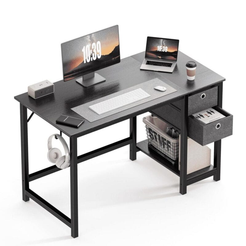 edx Computer Desk with Drawer 47 Inch PC Table Study Desk with 2-Tier Drawers Storage Shelf Headphone Hook, Modern Simple Style Laptop Desk for Bedroom, Gaming
