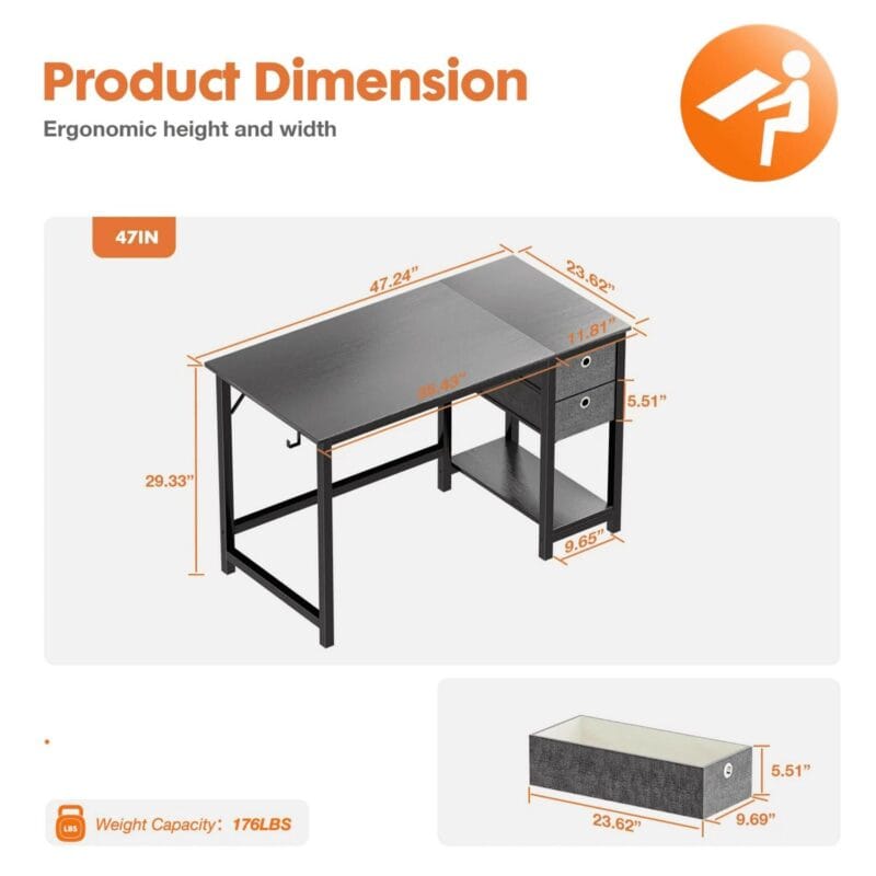 edx Computer Desk with Drawer 47 Inch PC Table Study Desk with 2-Tier Drawers Storage Shelf Headphone Hook, Modern Simple Style Laptop Desk for Bedroom, Gaming - Image 3