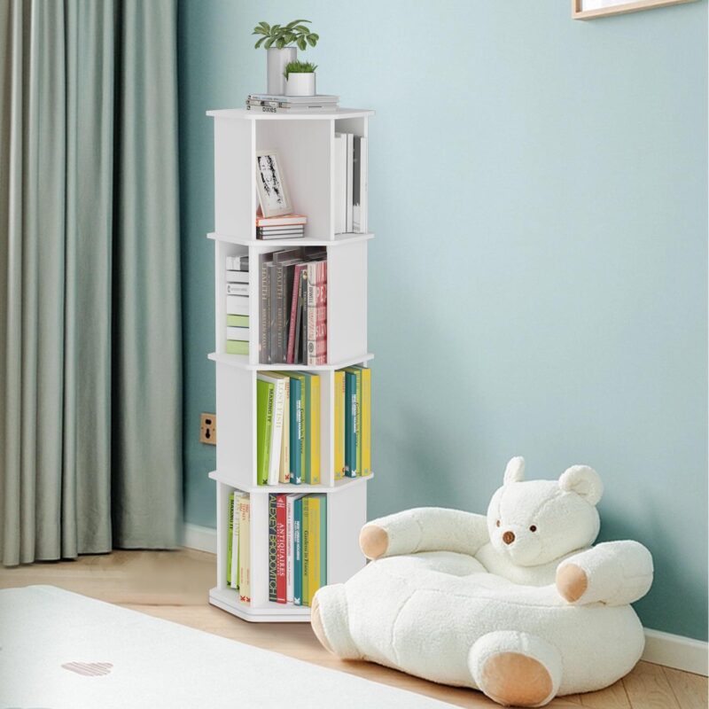 tonchean 4 Tier 360A Rotating Bookshelf Kids, 52 H Floor Standing Bookcase Organizer Rack for Kids and Adults Study Gift, White Wood - Image 8